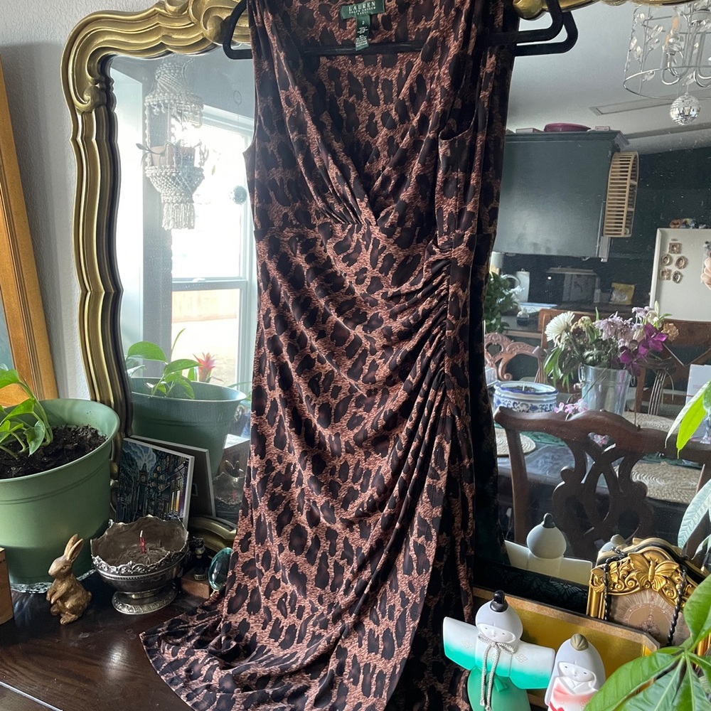 Green tag Lauren Ralph Lauren vintage Leopard Print Dress size 2 ruche
